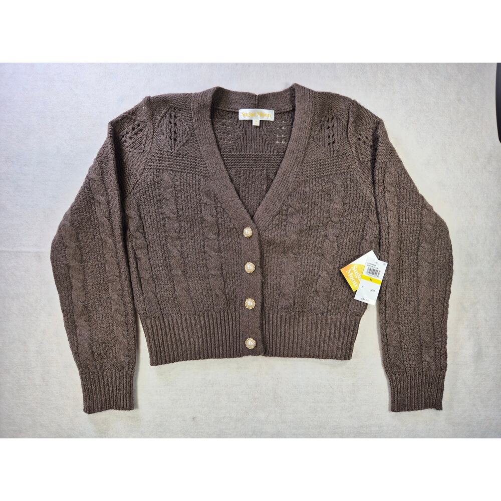 Cable Knit Chunky Cottagecore Boho Cardigan Mocha Plum sz M #2177